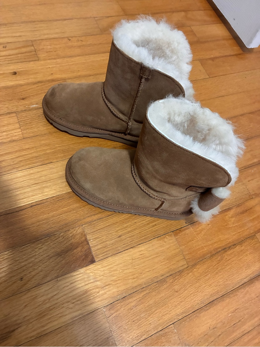 UGG Chestnut Suede Mini Boots with Shearling Bow Detail - Chestnut - Picture 15 of 16